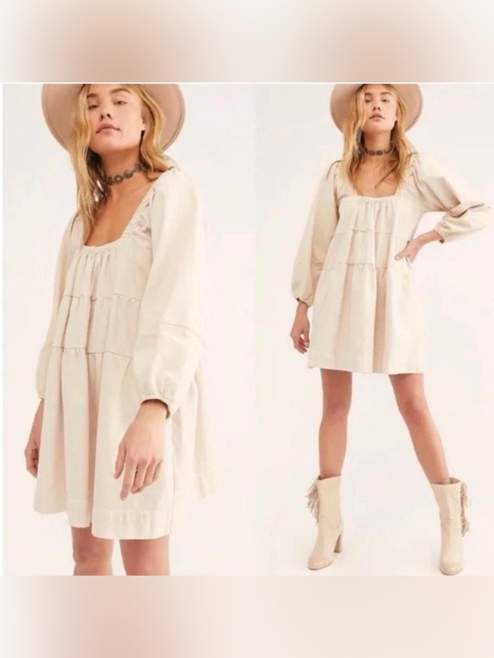 FREE PEOPLE Lou Jean Babydoll Boho Cream Cotton Square Neck Dress w Pockets Sz S